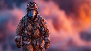 Firefighter in gear advancing through smoke during a rescue operation at sunset in an urban area photo