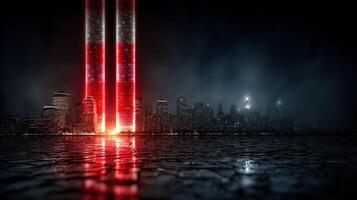 Tribute lights shine over New York City skyline at night, honoring the memory of those lost in September 11 attacks photo