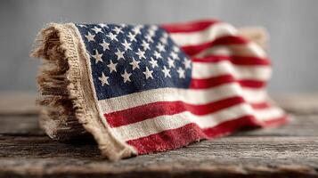 Faded American flag draped over a rustic wooden surface with a textured background showcasing its vintage charm photo