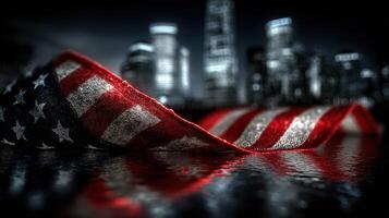 Patriotic fabric draped in urban setting with reflective surfaces at night photo