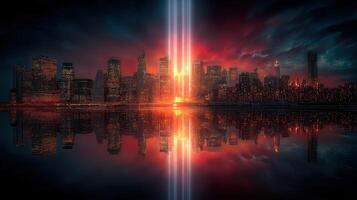 City skyline illuminated by beams of light at dusk with reflective water surface photo