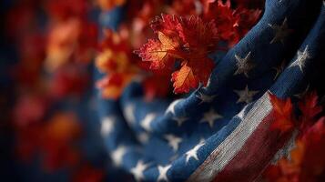 Red maple leaves intertwined with an American flag create a patriotic autumn display during the fall season photo