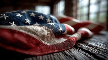 Close-up view of an American flag draped on a weathered wooden surface in a rustic setting photo