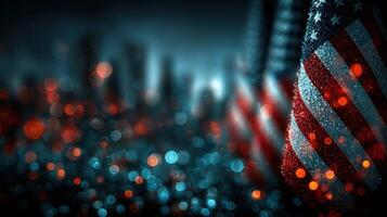 Colorful display of American flags illuminated at night creates a captivating atmosphere with city lights in the background photo
