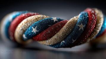 Colorful twisted rope featuring American flag patterns in a dramatic close-up view under soft lighting photo