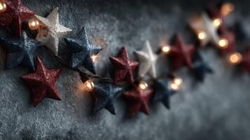 Colorful star string lights create a festive atmosphere for celebrations on a textured background during evening hours photo