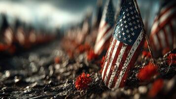 Honor and remembrance displayed through flags and flowers at a military cemetery on a somber day photo