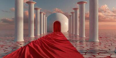 Majestic ancient temple with towering columns and red carpet under dramatic sky at sunset photo