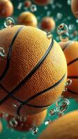Floating basketballs surrounded by bubbles in a vibrant underwater scene during a summer afternoon photo