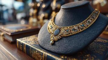Elegant gold necklace displayed on a black velvet bust for a jewelry exhibition in a luxurious setting photo