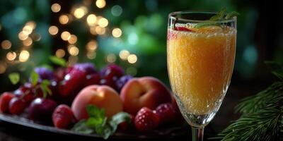 Refreshing fruit cocktail served in a glass with mixed fruits on a rustic plate in a cozy outdoor setting during evening photo