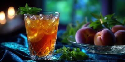 Refreshing iced tea served with fresh peaches on a festive table setting in a cozy evening atmosphere photo