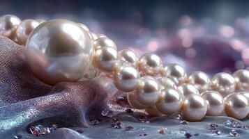 Close-up view of exquisite pearls resting on delicate fabric with shimmering background photo
