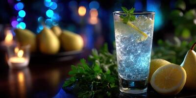 Refreshing lemon and mint drink served with fresh pears at a stylish food and drink event in the evening photo