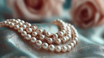 Elegant pearl necklace arranged beautifully on satin fabric with delicate roses in the background photo