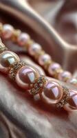 Elegant pearl necklace with sparkling accents on soft fabric background photo