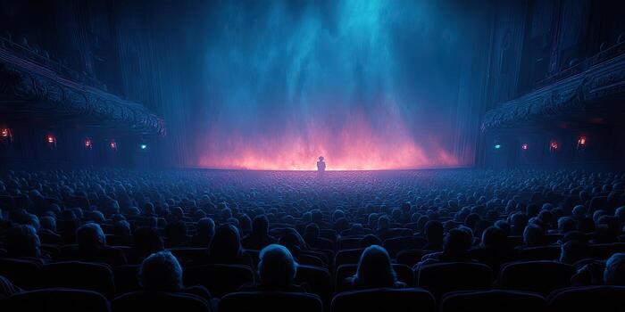 Audience captivated by a lone performer on stage in an atmospheric theater setting during a late-night show photo