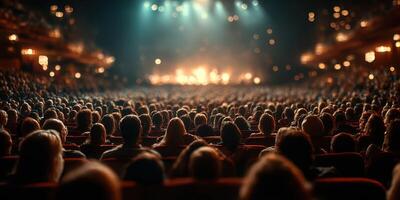 Audience enjoys live performance in a theater with bright lights and captivating atmosphere during evening hours photo