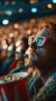 Moviegoer enjoying a film in glasses with popcorn in a crowded theater during a premiere event photo