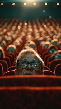 Older man with glasses watches movie in nearly empty theater with red seats and dim lighting during an evening showing photo
