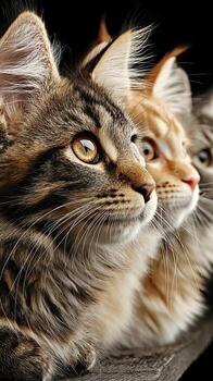 Three cats with striking eyes and soft fur sitting closely together in a warm indoor setting during afternoon light photo