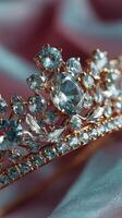 Elegant tiara embellished with sparkling jewels displayed on soft fabric background photo