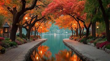 Serene autumn pathway lined with vibrant trees reflecting on calm water at dusk in a peaceful park setting photo