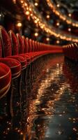 Elegant red chairs line a luxurious hall reflecting lights on polished wooden floor photo