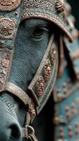 Intricate details of a decorated horse in traditional armor during a cultural event at dusk photo