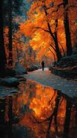 Vibrant autumn colors reflected in water with a solitary figure walking through a serene forest path photo
