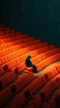Lonely figure sits in empty auditorium with vibrant orange seats during quiet afternoon photo