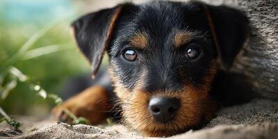 Playful dog relaxing on sandy ground in a grassy area during a sunny day in a park photo