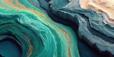 Colorful abstract art showcases textured layers of aqua and blue hues with golden accents creating a mesmerizing visual depth photo