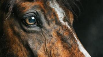 Close-up view of a horse's expressive eye highlighting unique patterns and textures in dim lighting photo