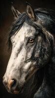 Majestic gray horse with striking features captured in soft light against a dark backdrop for a dramatic effect photo