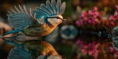 Blue tit fluttering gracefully above a reflective pond surrounded by blooming flowers during golden hour photo