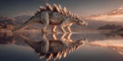 Stegosaurus walking beside a serene lake at sunset with mountains in the background creating a tranquil atmosphere photo