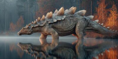 Styracosaurus walks through a misty lakeside forest during autumn at dusk photo