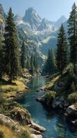 Serene mountain landscape with a crystal-clear river and expansive greenery under a bright sky photo