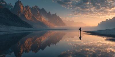 Hiker explores serene lake at dawn with breathtaking mountain reflections photo
