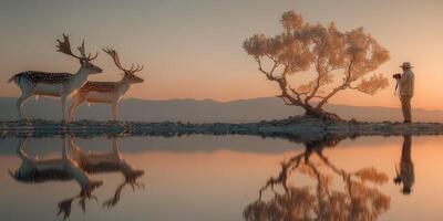 Two deer observe a photographer capturing the serene landscape during sunrise by a calm lake photo