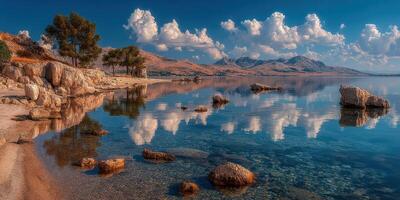 Serene lakeside landscape reflecting clouds and mountains during a calm day photo