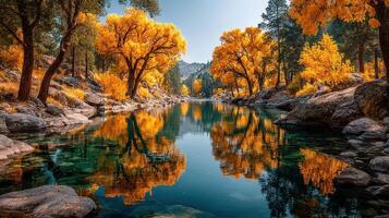 Bright autumn landscape with golden trees reflecting in a peaceful river during midday photo