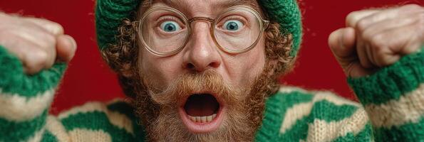 Excited person in green and white striped sweater with glasses showing joy and enthusiasm in a vibrant setting photo