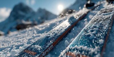 Snowy mountain landscape with ski equipment on the ground during bright winter day photo