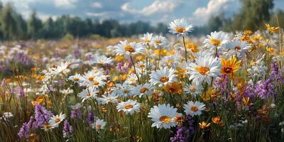 Colorful wildflower meadow blooming in spring under a blue sky with fluffy clouds and warm sunshine photo