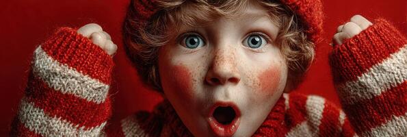Excited child with curly hair and blue eyes wearing red and white striped sweater celebrating in a festive atmosphere photo