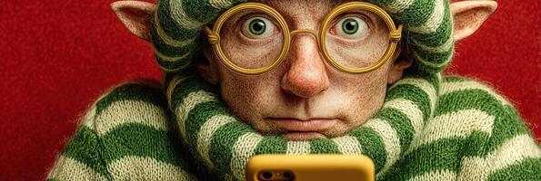 Whimsical character in striped green and white sweater looking at smartphone with curious expression in brightly colored setting photo