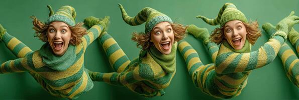 Playful elf characters in green and yellow striped costumes jump joyfully against a vibrant backdrop photo