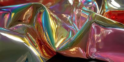 Reflective iridescent crumpled foil with vibrant color gradients under soft light in an artistic display photo